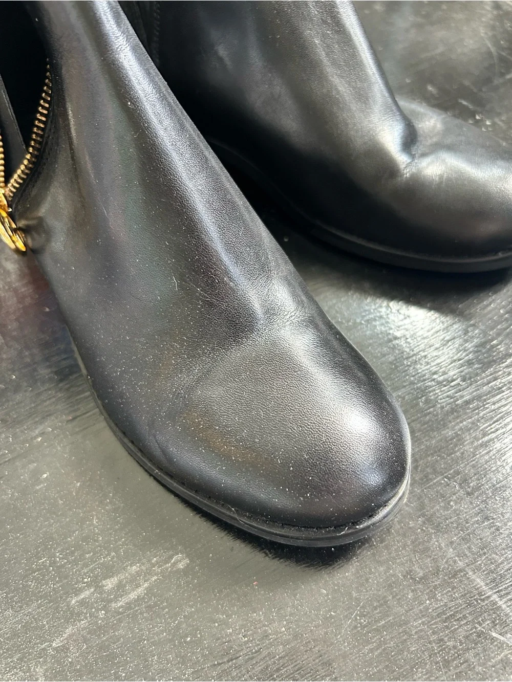 Michael Kors Black Leather Chukka Boots with Gold MK Zipper Charm size 5.5